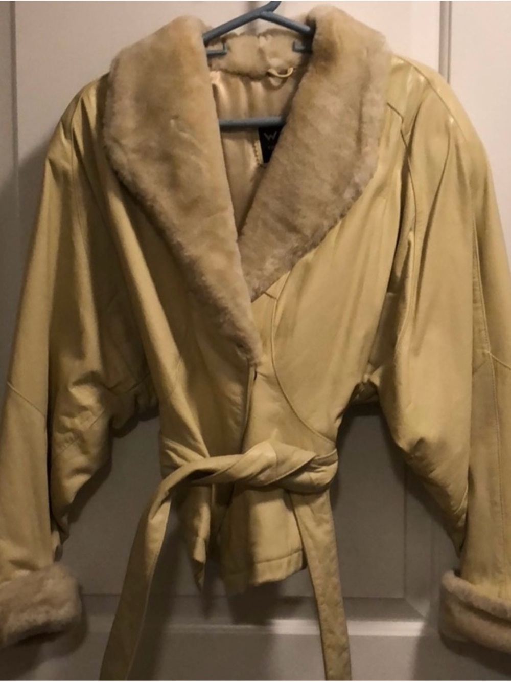 Wilson Cream Leather Belted Jacket with Faux Fur Collar